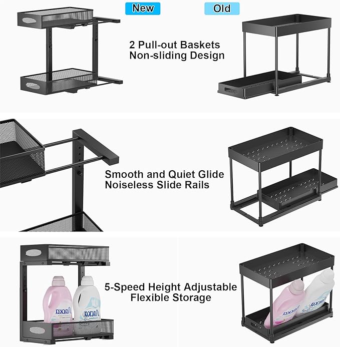 1 Pack Under Sink Pull Out Organizer, 2-Tier Adjustable Height Carbon Steel Storage Rack for Kitchen and Bathroom Cabinet, Black