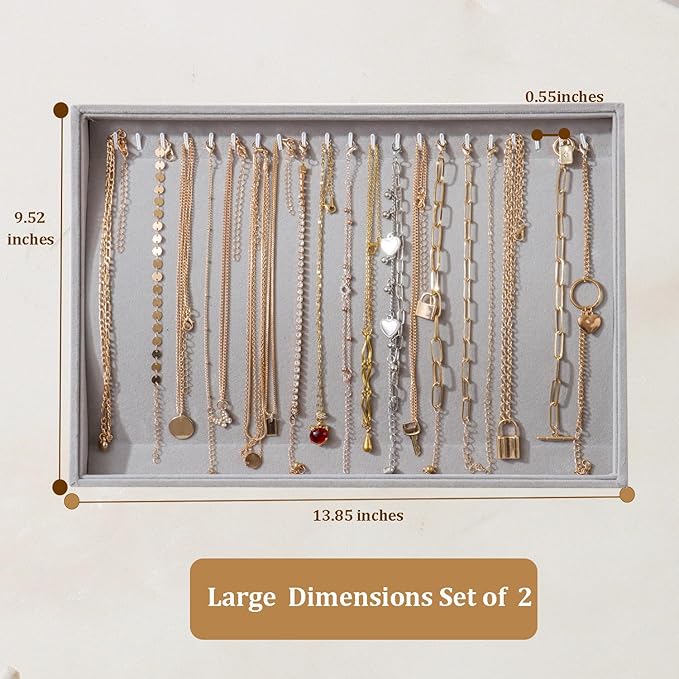 Large Velvet Jewelry Tray 2 Pack Stackable Jewelry Display Drawer Inserts Trays Organizer for Earring Bracelet Necklace Ring (Gray, 20 Hooks)