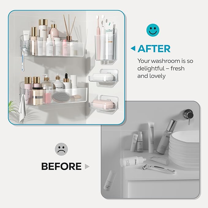 Adhesive Wall Shelf, Shower Shelves 5 Pack with Soap Holder, Clear