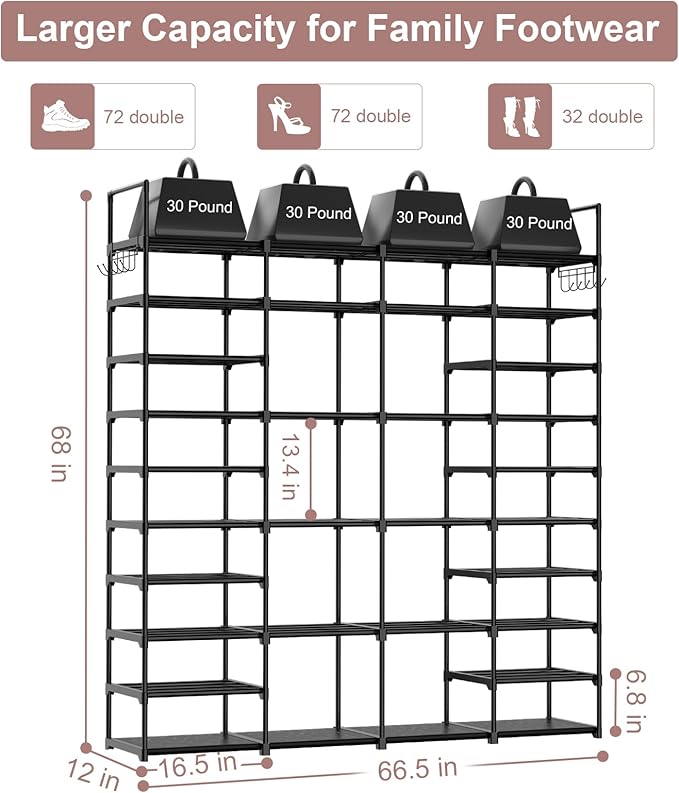 Kottwca 4 Row 10 Tier Large Shoe Rack Organizer for Closet Entryway, 72-80 Pair Shoe Boot Storage Rack, Metal Shoe Shelf Big Vertical Stackable Shoe Stand for Bedroom Corner