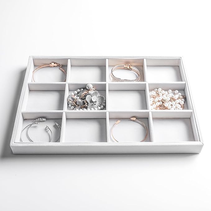 Frebeauty Stackable Velvet Jewelry Organizer Trays for Drawers Inserts Jewelry Storage Tray Display Case, Stud Earrings Bracelets Necklace Rings Accessories Trays for Women(Set of 2)(White)