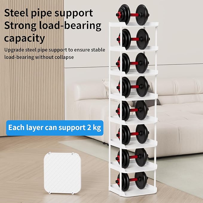 Narrow Shoe Storage Rack, Compact Single Shoerack Stand for Slim Space, Stackable Tall Thin Show Tower, Solid Plastic Shelves, for Hallways, Kitchens, Bedrooms Tidy Organizer (White, 8 Tier)