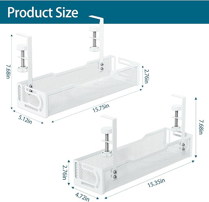 2Pack Under Desk Cable Management Tray, No Drill Mesh Desk Cable Tray, White