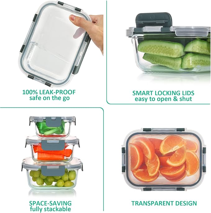 KOMUEE 24 Pieces Glass Food Storage Containers Set, Meal Prep Containers, BPA-Free Airtight Glass Storage Containers with lids,Freezer, Microwave and Oven Safe,Gray