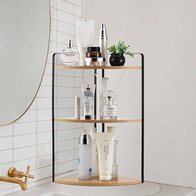 3 Tier Corner Bathroom Counter Organizer, Countertop Organizer, Makeup Organizer Countertop, Bathroom Storage Sink Shelf, Wooden and Metal Counter Shelf (Large Capacity-Rustic Walnut)