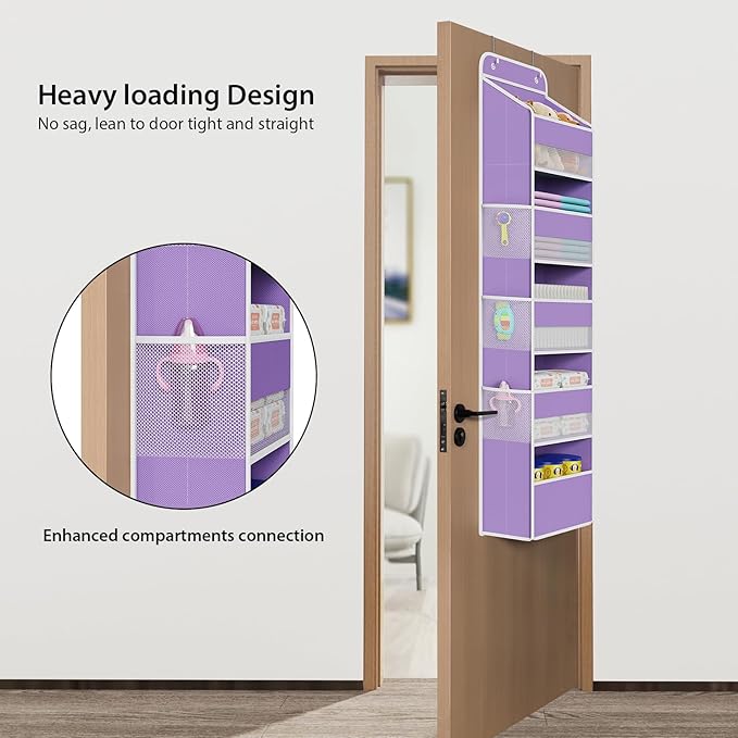 Univivi 5-Shelf Over The Door Hanging Organizer, Back of Door Organizer With 5 Compartments 6 Side Pockets for Baby Bedroom and Bathroom Storage (Purple)