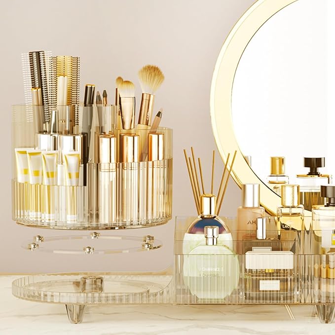 Rotating Makeup Organizer for Vanity with Brush Holder, Transparent Gold