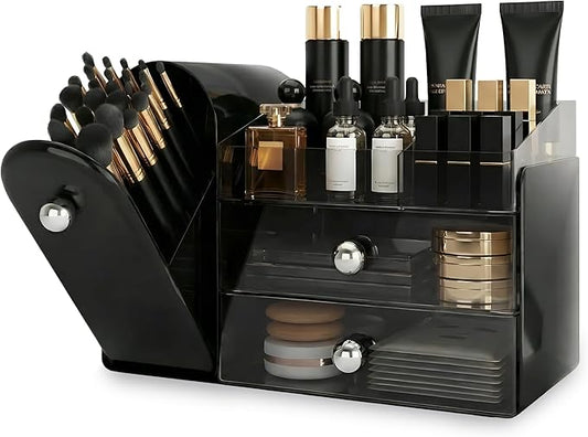 Makeup Organizer with Dustproof Brush Holder for Vanity, Black