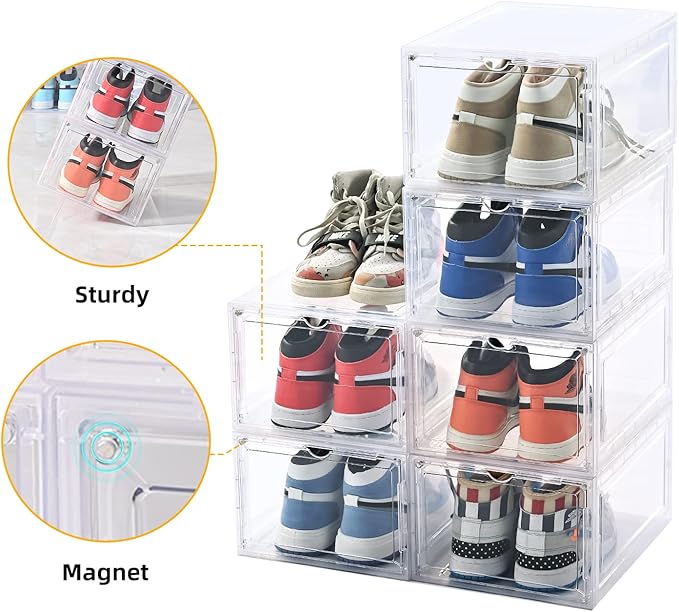 KEFA XL Shoe Storage Box, 6 Pack Clear Plastic Stackable Organizer, Fits US 15
