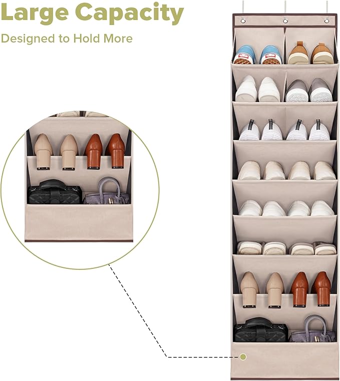 6 Pack Shoe Organizer with 6 Extra Large Pockets and 4 Large Pocket, Over the Door Sturdy Closet Storage Rack, Hanging Shoe Organizer for Shoes, Sneakers, Beige