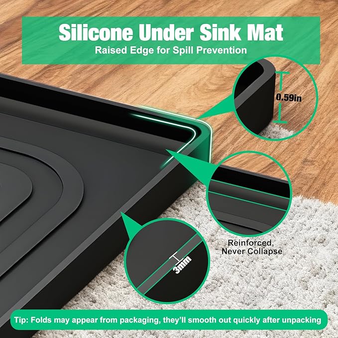 Aisslro Under Sink Mat 31" X 22", Waterproof Silicone Under Sink Mats for Kitchen, Anti-Leak Shelf Liner & Cabinet Protector with Raised Edge, [BPA Free] Bathroom Tray Home Organizer, Black