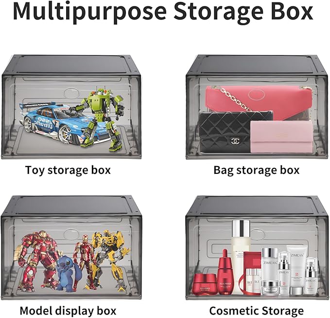 Large Shoe Boxes Clear Plastic Stackable, 8 Pack Drop Side Shoe Storage Organizer with Magnetic Door, Shoe Container Sneaker Storage Display Case Fit up to US Size 13 Black
