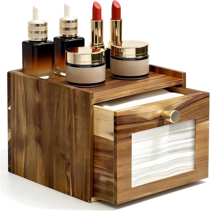 Disposable Face Towel Holder, Acacia Wood Storage Drawer Compatible with XL Disposable Face Towels, Facial Towel Storage Box for Bathroom Countertop Vanity Organizer & Wall Mount