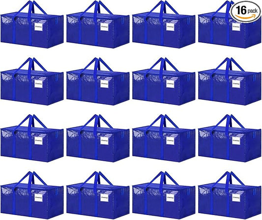 16 Pack Extra Large Heavy Duty Moving Bags, Blue Storage Bins with Lids