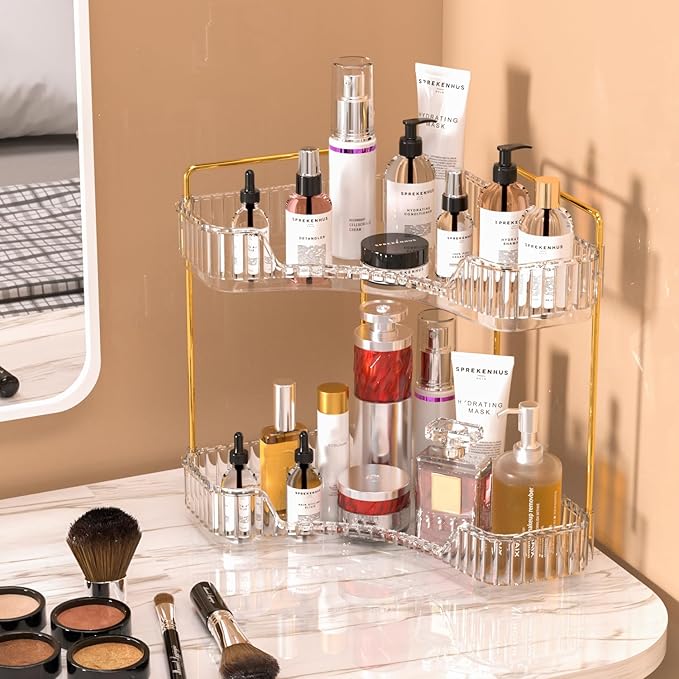 GTI 2 Tier Bathroom Counter Organizer, Multi-Function Corner Bathroom Organizer Countertop,Makeup Organizer Perfume for Dresser Vanity Tray, Spice Rack Organizer for Kitchen (Clear)