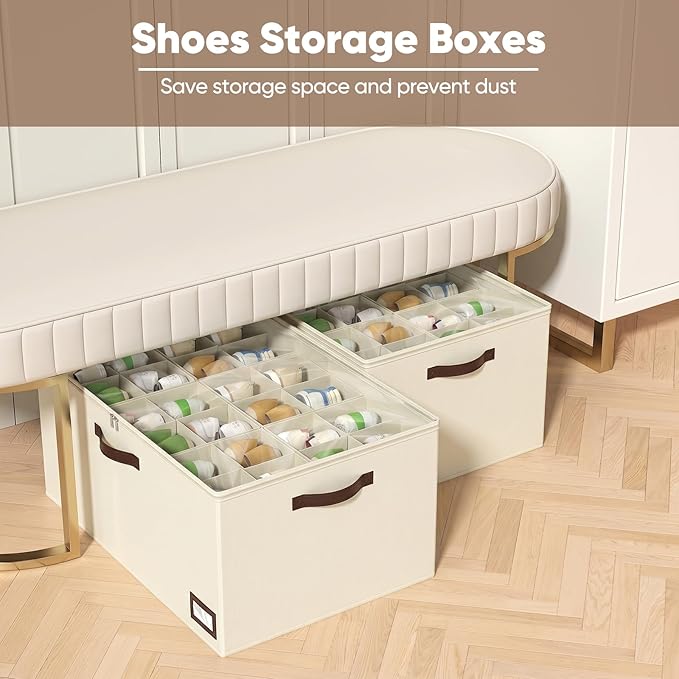 OIAHOMY 2 Pack Shoe Organizer for Closet, Large Foldable Shoe Storage Bins with Dividers and Reinforced Handles, Each Clear Cover Sneaker Box Fits Up to 24 Pairs for Entryway and Bedroom, Beige