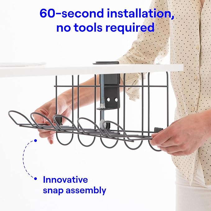 Under Desk Cable Tray, No Drill Wire Management Clamp, Grey