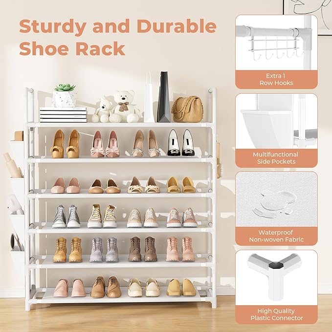 6 Tier Shoe Rack Storage for 24-30 Pairs Shoe and Boot, White