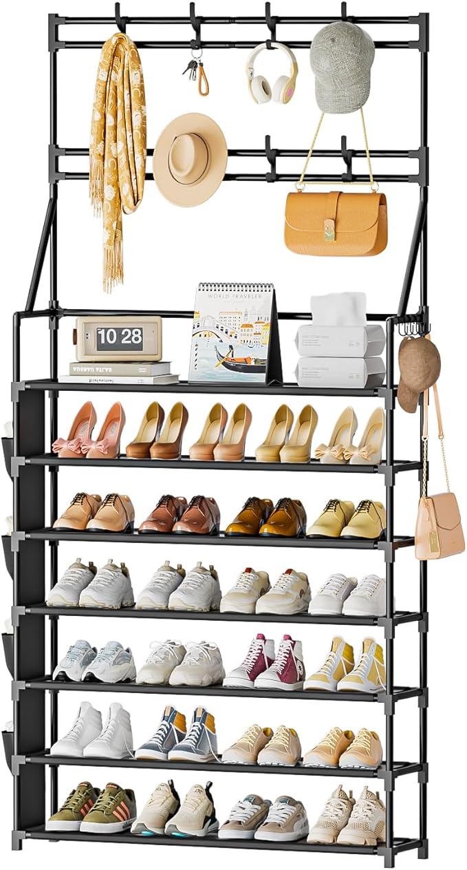 OYREL Shoe Rack 7 Tier Sturdy Shoe Racks for Closet Shoes Organizer for 28-35 Pairs Large Capacity Shoe Storage Rack with Multifunctional 5 Hooks and Side Pocket for Entrance Entryway