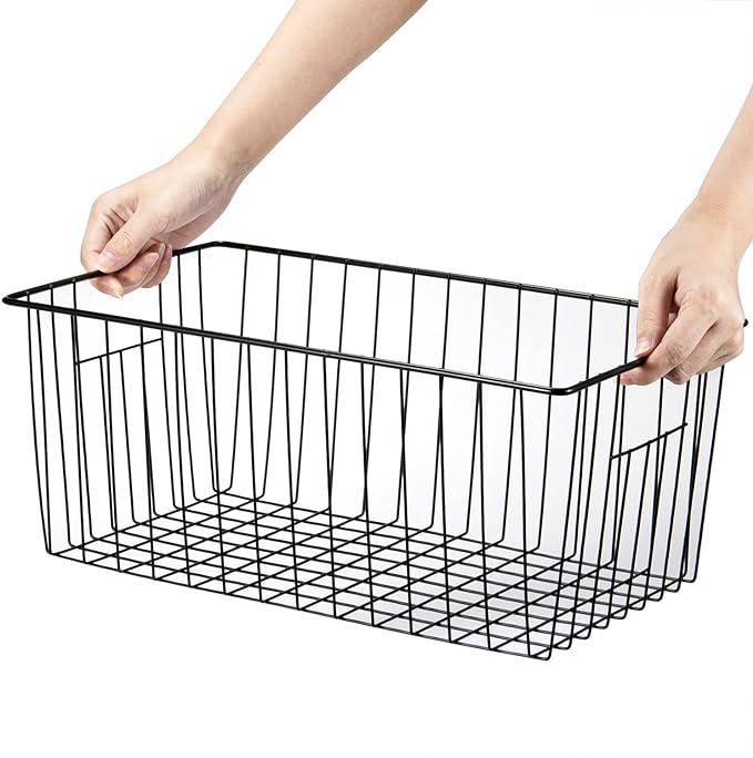 16inch Freezer Wire Storage Organizer Baskets, Household Refrigerator Bin with Built-in Handles for Cabinet, Pantry, Closet