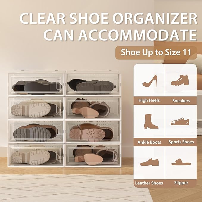 EazeHome 8 Pack Clear Boot Boxes Stackable, Boot Storage Boxes for Tall Boots, Shoes Box Plastic Oragnizer with Lids, Shoes Organizer Container for Closet, Under Bed Boot Storage