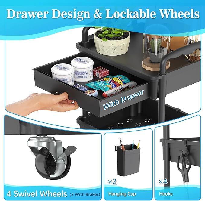 SUNALLY 3 Tier Rolling Cart with Drawer, Bathroom Storage Organizer with 2 Lockable Wheels, Multifunctional Rolling Storage Cart for Bathroom, Kitchen, Office, Craft, Makeup, Baby Essentials, Black