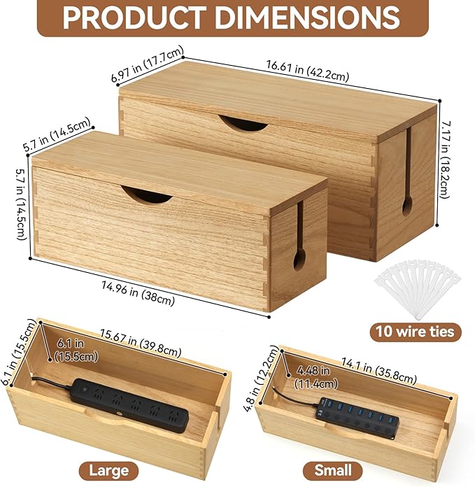 KIRIGEN Wooden Cable Management Box Set of 2 - Solid Wood Large & Small Cord Organizer Hides Power Strips, Chargers & Wires for Desk, TV Stand, Home Office DXH2T-NA