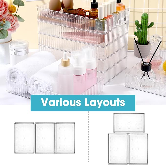 Teenyyou 8 Pcs Clear Drawer Organizers Bins Stackable Makeup and Vanity Organizer Trays Clear Plastic Drawer Organizers Set for Office Desk Dividers(9.9 x 6.3 x 1.8 Inches)