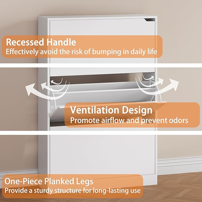 Shoe Storage Cabinet, Wood Shoe Organizer for Entryway with 3 Flip Drawers, Freestanding Shoe Rack with Adjustable Shelf, Narrow Shoe Dresser for Front Door Entrance(White, 47.2" x 31.5" x 9.25")