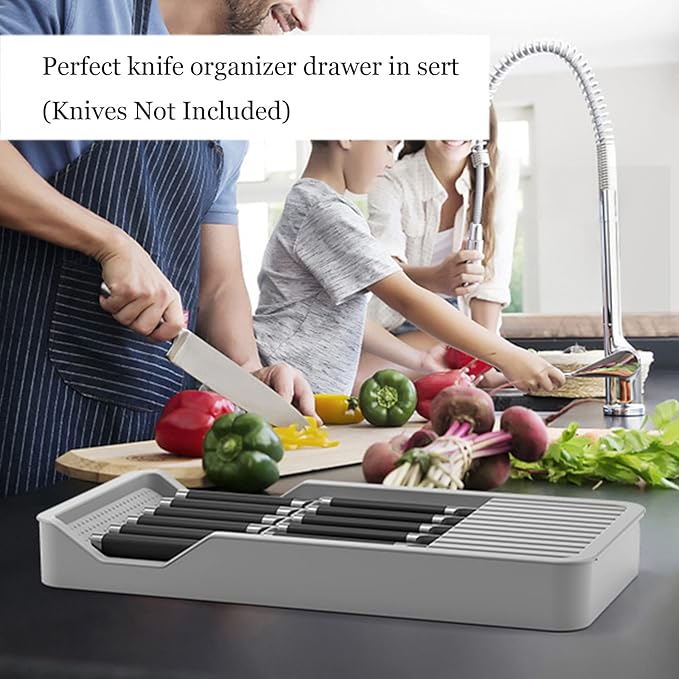 Expandable Drawer Knife Insert Organizer - Plastic Knife Storage Tray for Kitchen Drawers, Adjustable to Fit 11 Knives, BPA-Free, Ventilated, Space-Saving, Easy to Clean