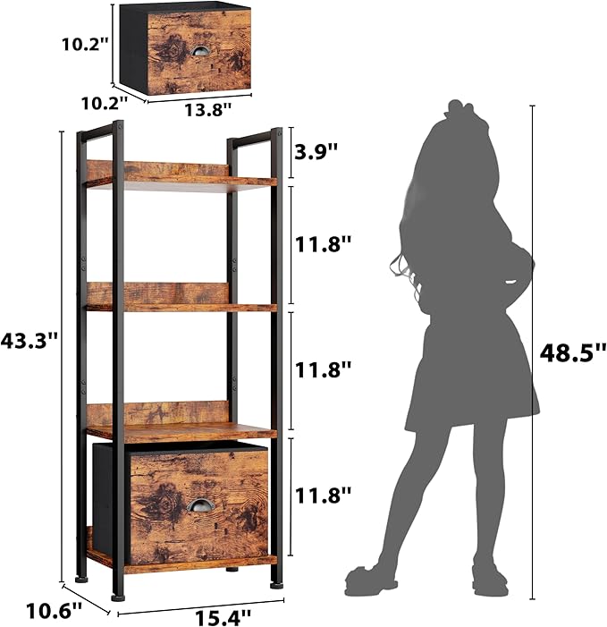Furologee 4 Tier Bookshelf with Drawer, Tall Bookcase with Shelves, Narrow Bookshelves Storage Organizer, Wood and Metal Display Standing Shelf Unit for Bedroom, Living Room, Rustic Brown