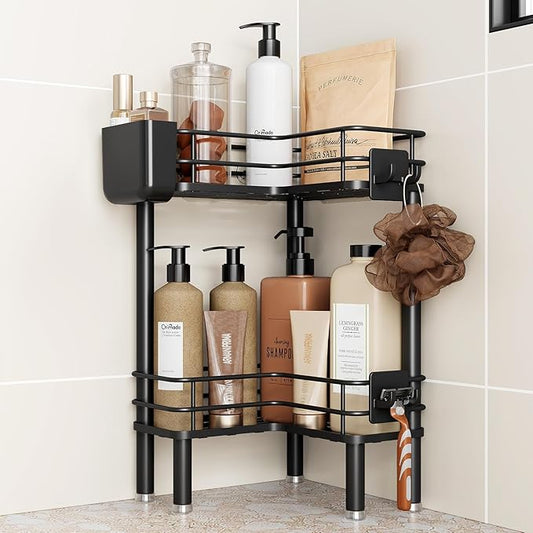 Orimade Rustproof 2 Tier Floor Standing Corner Shower Caddy Organizer with Toothbrush Holder, Large Spacing Floor Shower Shelf Rack Storage Stands with Hooks for Bathroom Kitchen, Black