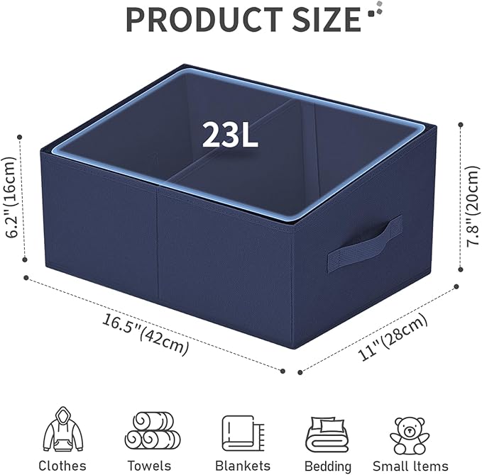 Large Closet Shelf Organizer Bins 4 Packs with Handles and Divider, Navy Blue