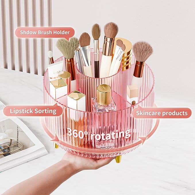 Clear Rotating Makeup Organizer Countertop for Vanity, Transparent Pink