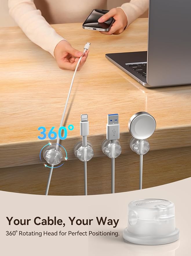 NEWDERY Magnetic Cord Organizer, 6 Pack Clear Adhesive Cable Clips with 360° Swivel & 1s Lock, Desk Cord Holder for Charger, Phone, Nightstand, Perfect for Cable Management