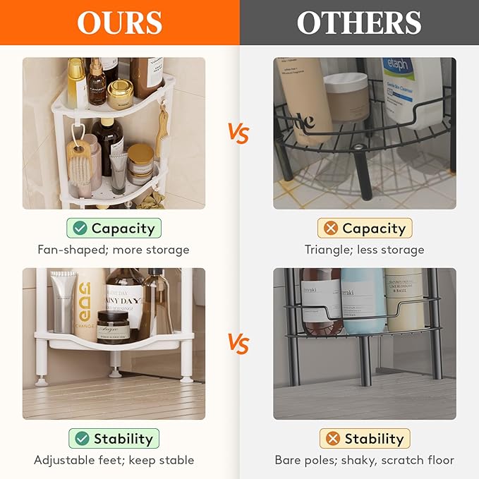 Lifewit Floor Standing Shower Caddy Corner, 3 Tier Plastic Shower Stand Rack with Adjustable Feet and Hooks, Rustproof Bathroom Shelf Organizer, White, 34 x 24 x 75 cm/13 x 9.5 x 29.5 inch