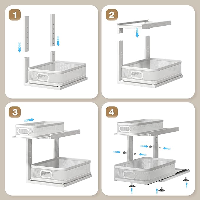 1 Pack 15IN-Depth Under Sink Organizer with Next-Gen Ball-Bearing Slides,2-Tier Precision Mesh Pull Out Cabinet Storage for Bathroom&Kitchen,Height Adjustable Drawers Shelf,Anti-Rust-White
