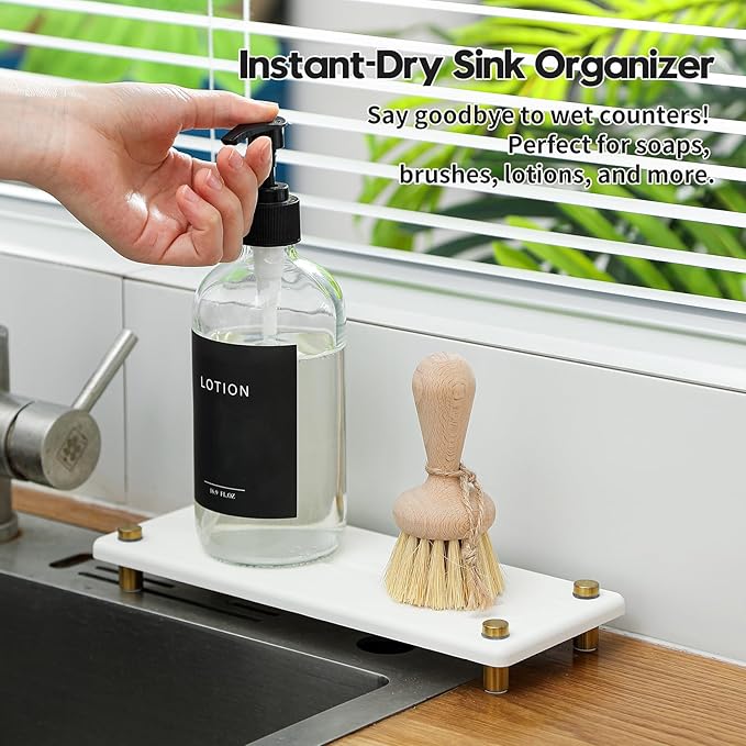 Water Absorbing Stone Sink Caddy Kitchen Sink Organizer Tray, White 10" x 4"