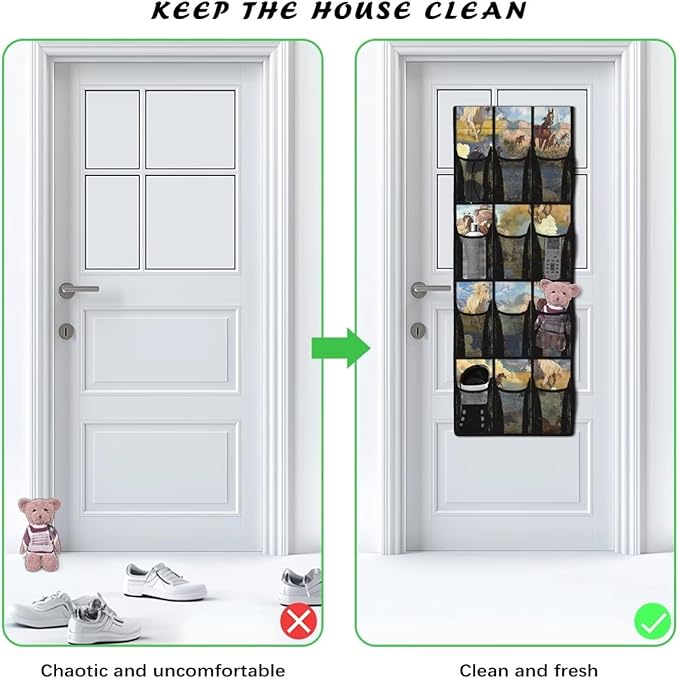 Western Horse Behind The Door Organizer, 12 Pockets Cowboy Theme Hanging Rack for Boots & Hats, Durable Oxford Fabric for Ranch & Cabin Storage