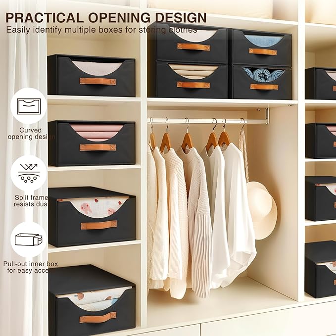 Homsorout Stackable Storage Drawers - Large Collapsible Storage Bins with Drawers, 8 Pack Closet Shelf Organizer Basket, Fabric Pull Out Organizer for Bedroom, Living Room, Dorm, Black