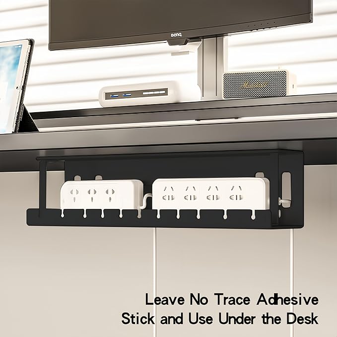 Under Desk Cable Management Tray Wires Organizer Power Strip Management 20'' No Drill Under Table Organizer for Cable Storage Holder (BLACK-40CM)