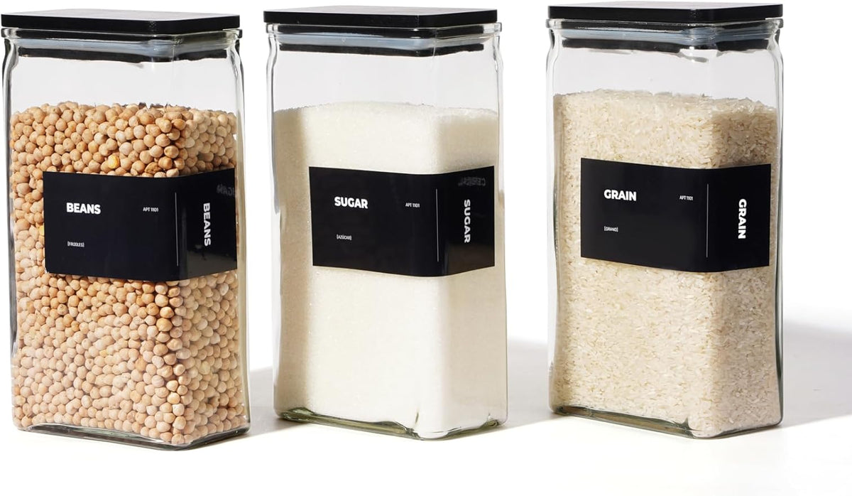 APT 1101 Glass Storage Jars with Bamboo Lid, glass canisters with airtight lids, Clear jars with lids for Spice, Cookie, Candy, Tea, Coffee Bean and Rice (Black, 67 oz, Set of 3)