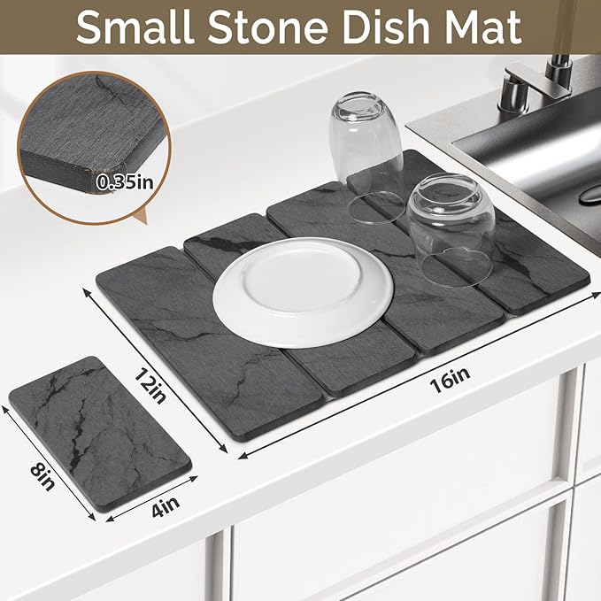 Small Stone Dish Drying Mat for Kitchen Counter, 2 PCS 16"×12" & 8"x4" Quick Dry Stone Mats, Foldable Water Absorbing Diatomite Drying Dish Pad for Countertop Bottles Utensils Cups(Dark Gray Ink)