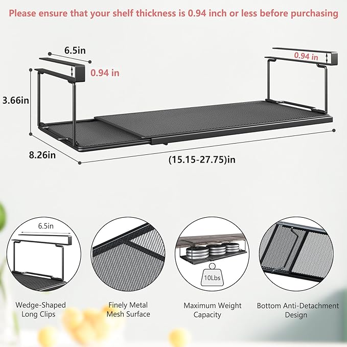 Expandable Under Cabinet Shelf, Extendable Under Shelf Storage with 0.94 Inches Thick Clips for Pantry Cabinet, Laundry Room, Shoe Rack. (Black, 1 Pack, Interior: 3.66" H x 8.26" D)