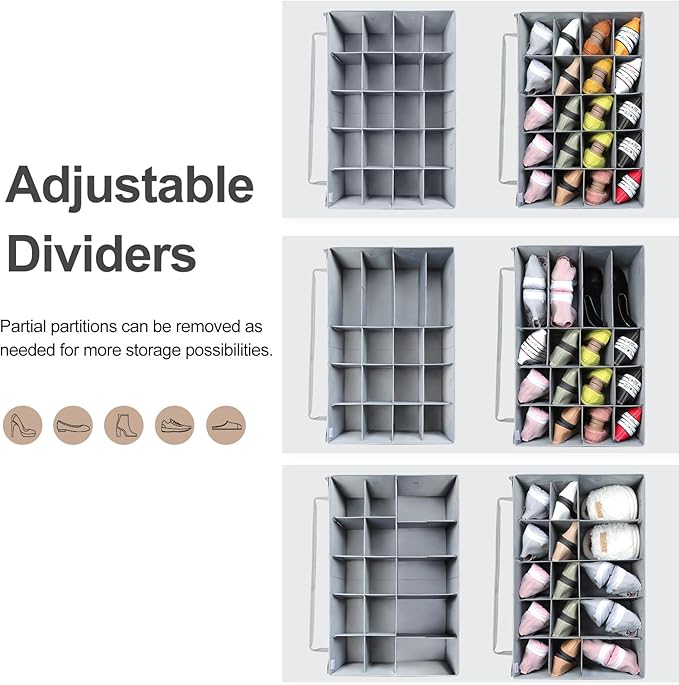 TOPIA HOME Shoe Organizer for Closet, Foldable Shoe Box with Adjustable Dividers and Clear Cover, Space Saving Shoe Storage Organizer Cabinet with Reinforced Handles, Fits 20 Pairs, Gray, TP10G