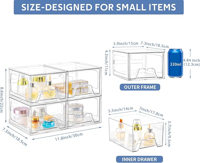 Plastic Drawers Storage, 4 Pack Clear Stackable Storage Drawers