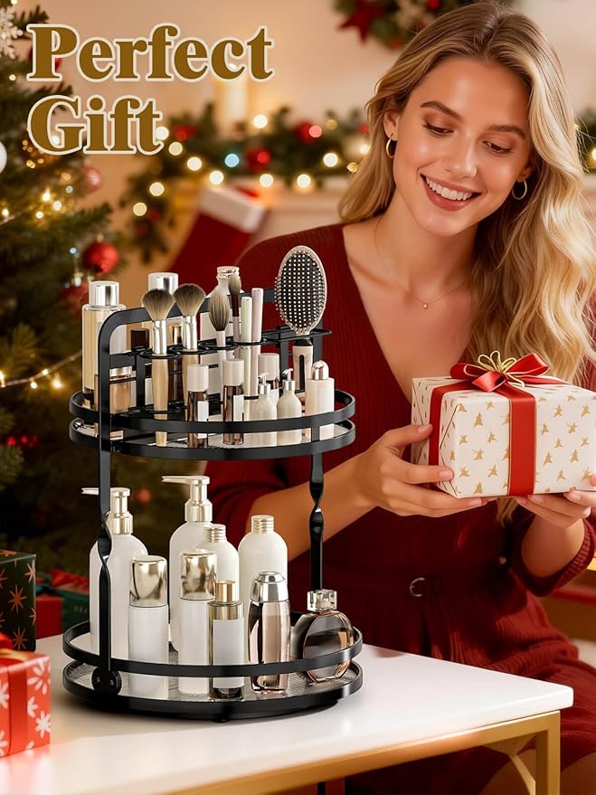 Rotating Makeup Vanity Organizer, 360 Spinning Perfume Organizer for Dresser, 2-Tier Black Bathroom Countertop Organizer, Lazy Susan Skincare Storage, Cosmetic Display with Makeup Brush Holder