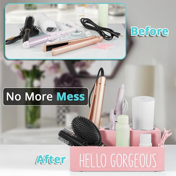 Hair Tool Organizer, Wooden Hair Dryer Holder Countertop, Pink