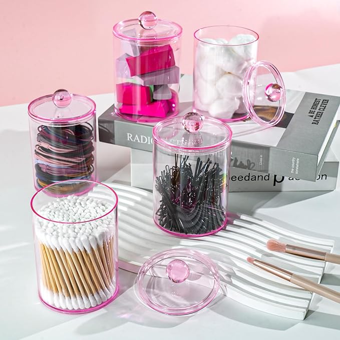XIPENGKEJI 6 Pack Qtip Holder,Canister Apothecary Jar Set, Bathroom Jars with Lids Set for Cotton Swabs, Balls, Pads, Floss Picks,10oz-12oz Plastic Canisters Restroom Bedroom Vanity Organizer(Pink)