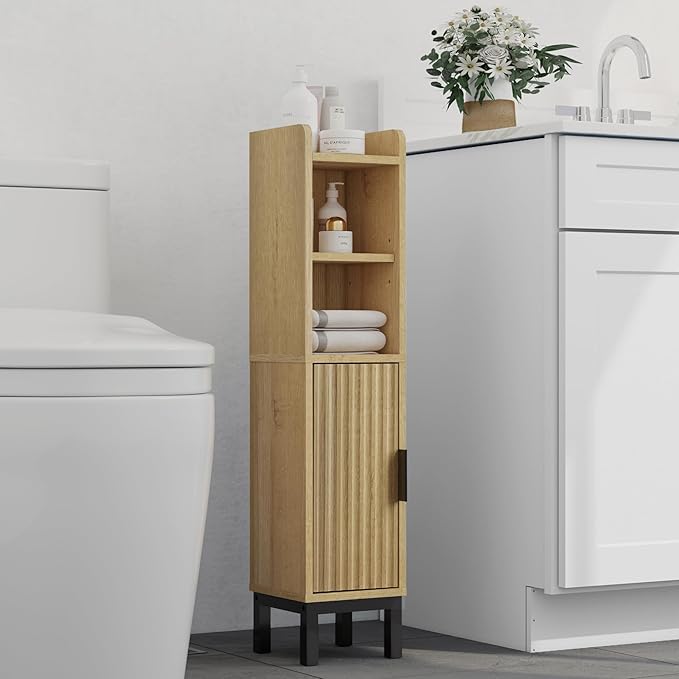 FerniTry Small Bathroom Storage Cabinet, Corner Narrow Toilet Paper Floor Cabinet with Door and Shelves,Bathroom Organizer with Adjustable Shelf, for Small Spaces (Oak)